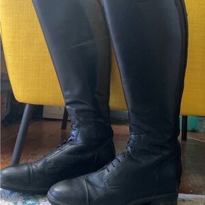 Black Leather Riding tall boots with Lace-Up & Zipper Design